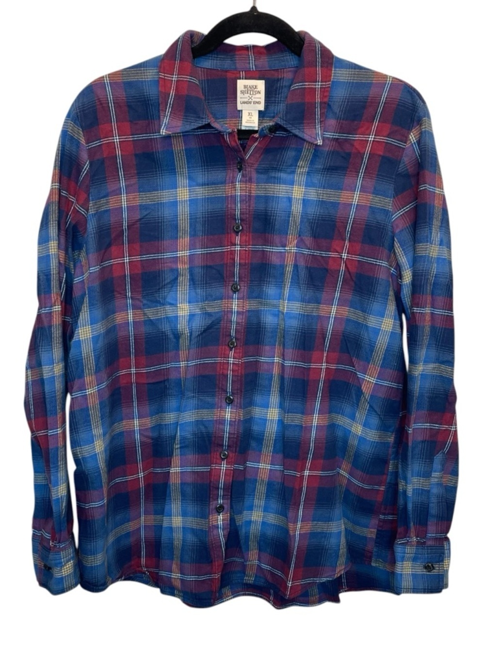 Blake Shelton x Lands End Cotton Flannel Plaid Button Down Blue Red XL 18 EUC